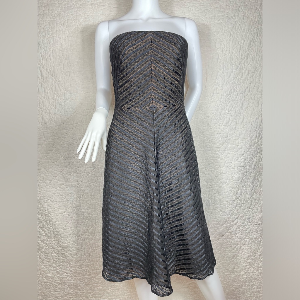 Nwot Carmen Marc Valvo Strapless Striped Black Tan Evening Black Tie Dress